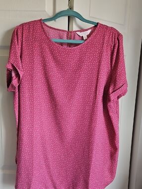 LC Lauren Conrad Pink Dot-Print Short Sleeve Blouse